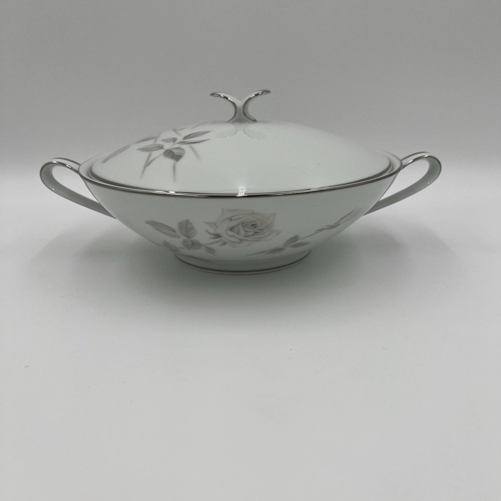 Noritake Melrose 6002 Round Covered Vegetable Bowl Gray Rose Platinum Trim Japan